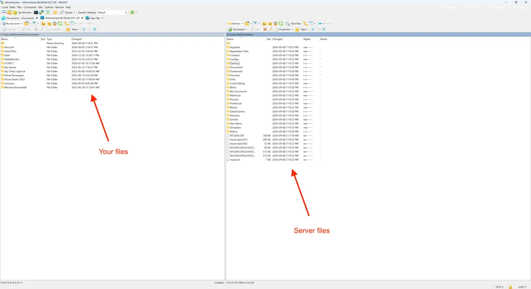 Drag files between local and server panels in WinSCP