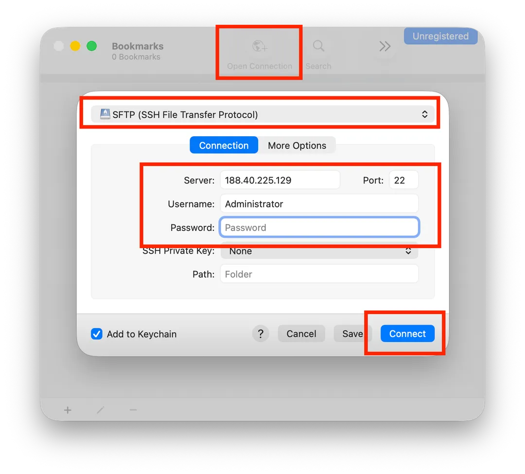 Cyberduck SFTP connection settings on macOS