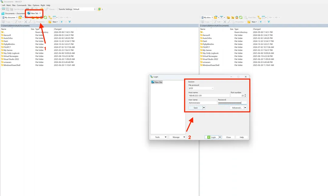 WinSCP login settings for an SFTP connection