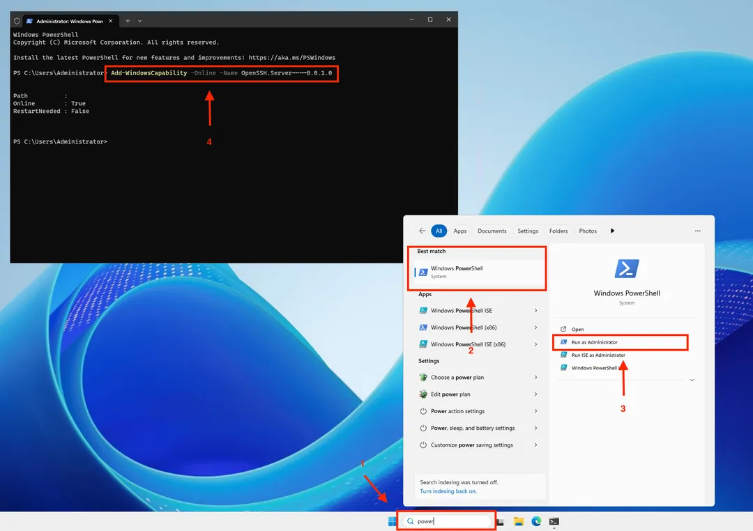 Installing the OpenSSH Server feature in PowerShell